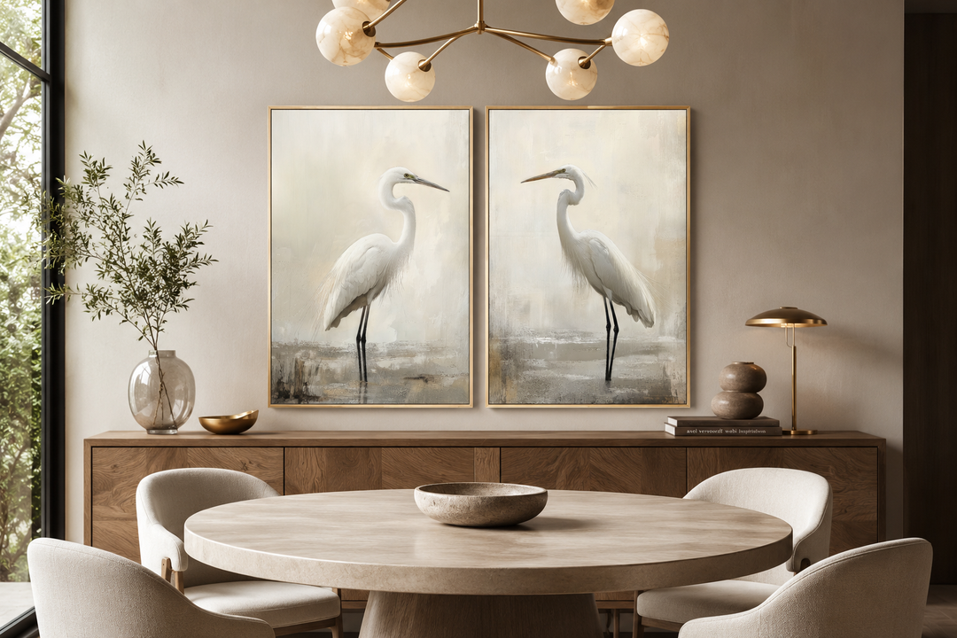 Set of 2 framed canvas prints featuring white great egrets in neutral beige and gold tones.