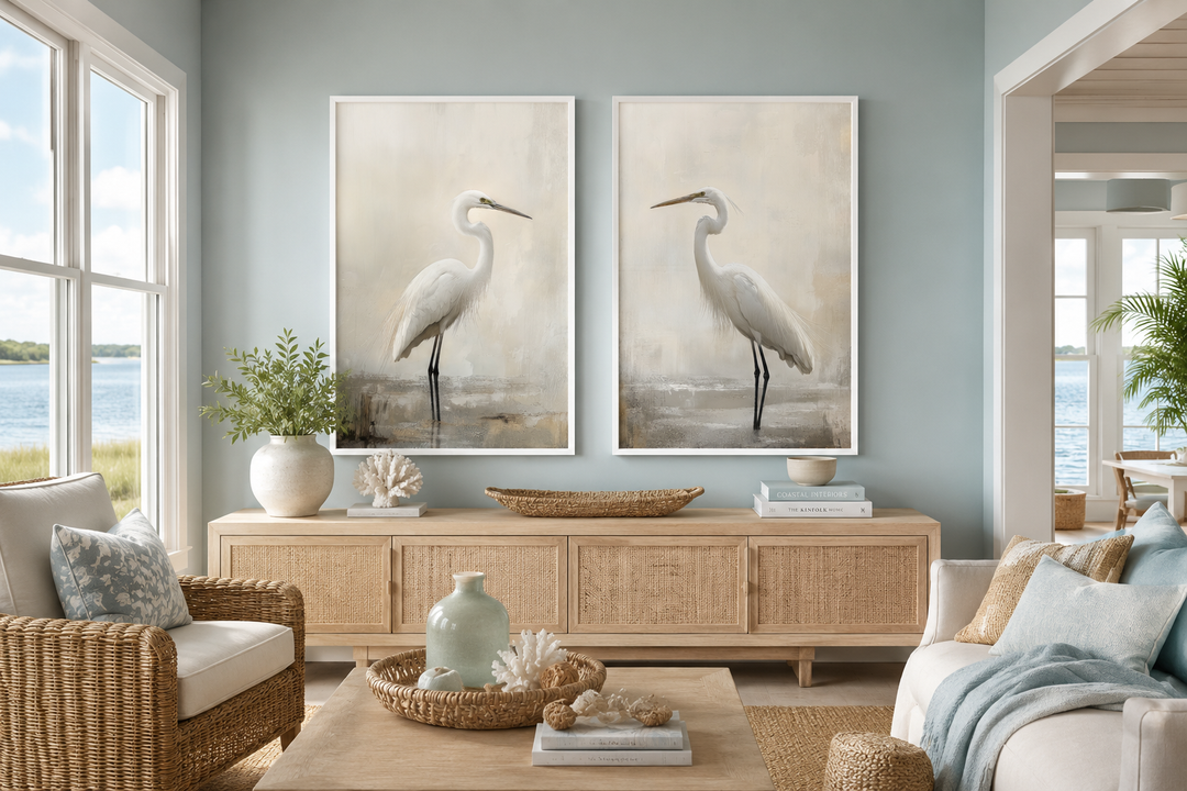 Set of 2 framed canvas wall art pieces featuring white great egrets in neutral beige tones.
