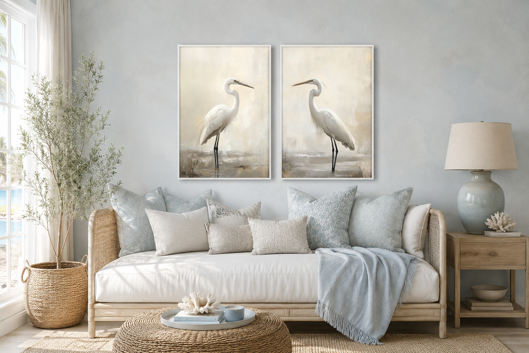 Set of 2 framed canvas wall art pieces featuring white great egrets in neutral coastal tones.