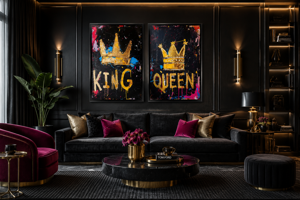 Set of 2 framed pop art canvas prints featuring gold king and queen crowns on black backgrounds.