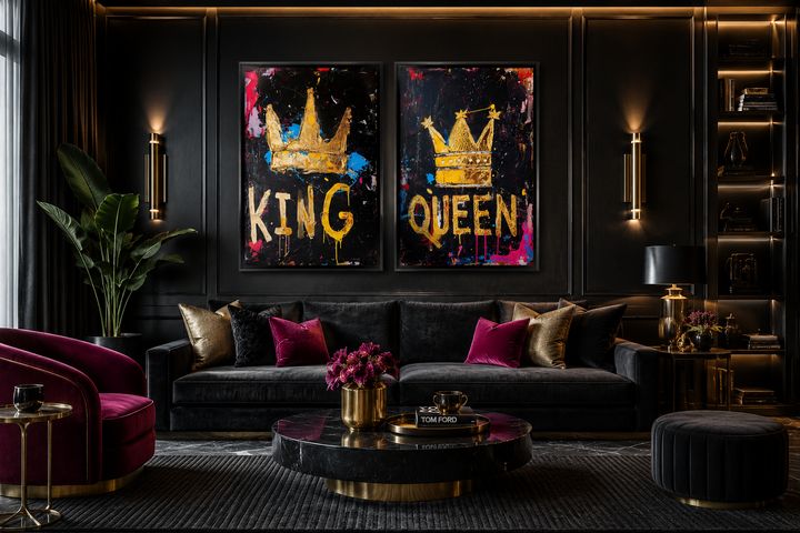 Set of 2 framed pop art canvas prints featuring gold king and queen crowns on black backgrounds.