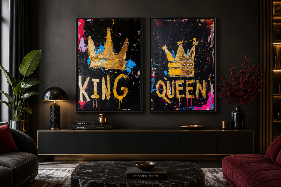 Set of 2 framed pop art canvas prints featuring gold King and Queen crowns on a black background.