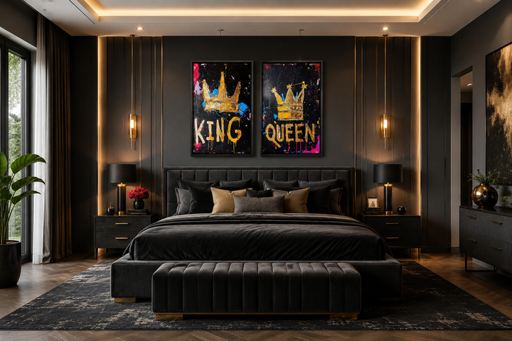 Set of 2 King and Queen crowns pop art framed canvas wall art above a bed in a dark modern bedroom.