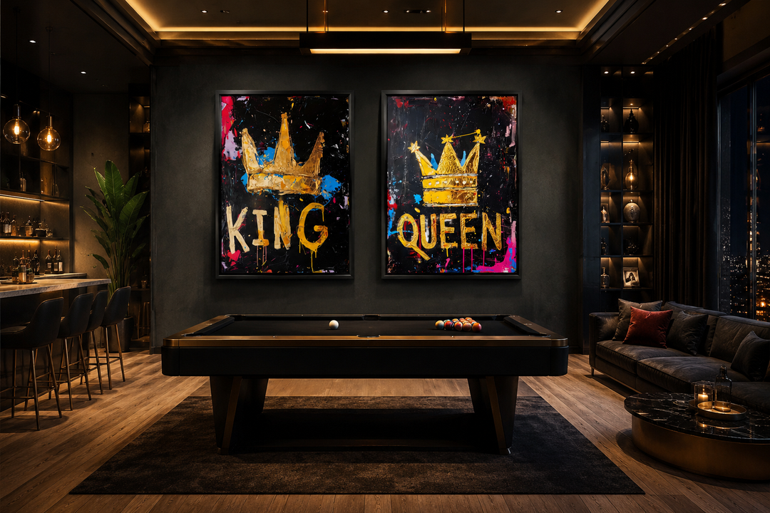 Set of 2 King and Queen crowns pop art framed canvas wall art in a modern game room.
