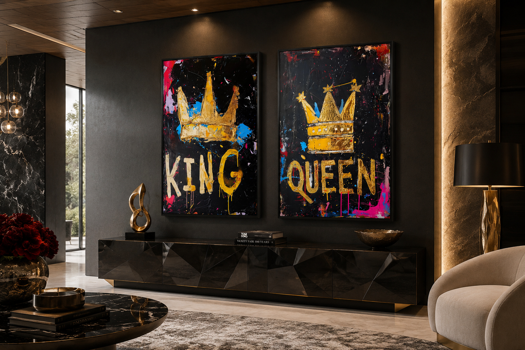 Set of 2 framed pop art canvas prints featuring gold king and queen crowns on black backgrounds.
