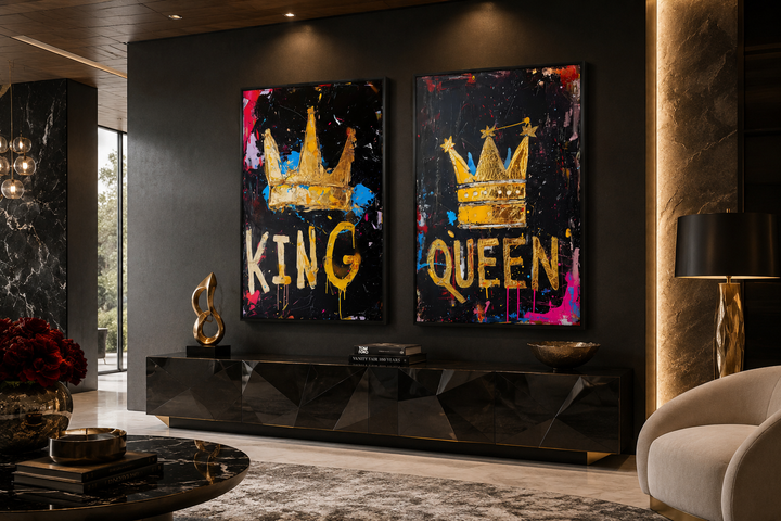 Set of 2 framed pop art canvas prints featuring gold king and queen crowns on black backgrounds.