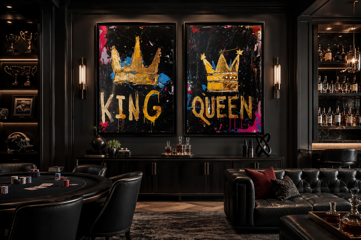 Set of 2 framed pop art canvas prints featuring gold King and Queen crowns on black backgrounds.
