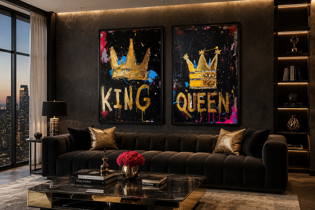 Set of 2 framed pop art canvas prints featuring gold King and Queen crowns on a black background.