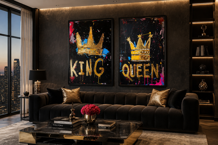 Set of 2 framed pop art canvas prints featuring gold King and Queen crowns on a black background.
