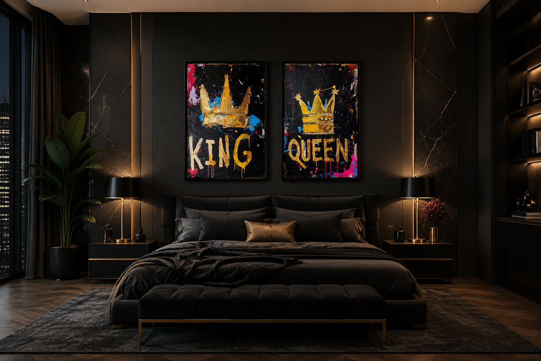 Set of 2 King and Queen crowns pop art framed canvas wall art above a bed in a dark bedroom.