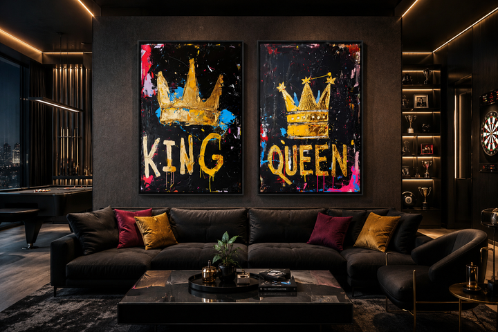 Set of 2 King and Queen crowns pop art framed canvas wall art in a modern game room.