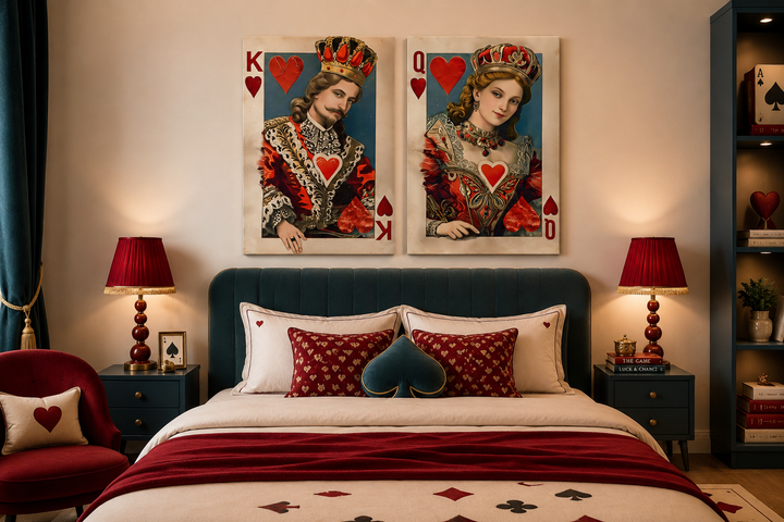 Set of 2 framed canvas prints featuring the King and Queen of Hearts above a themed bed.