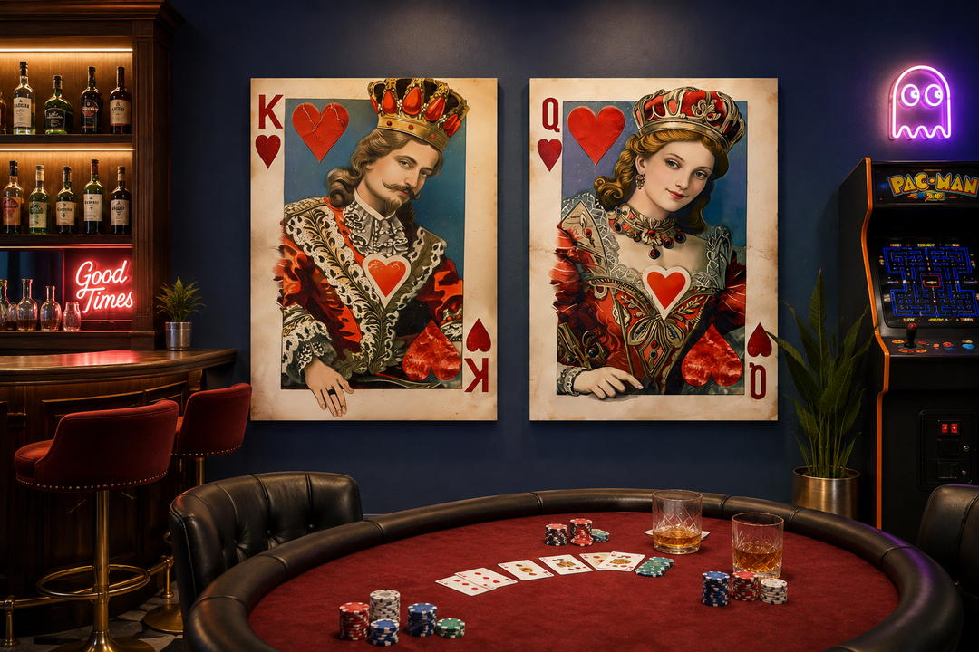 Set of 2 King and Queen of Hearts framed canvas wall art in a game room above a poker table.