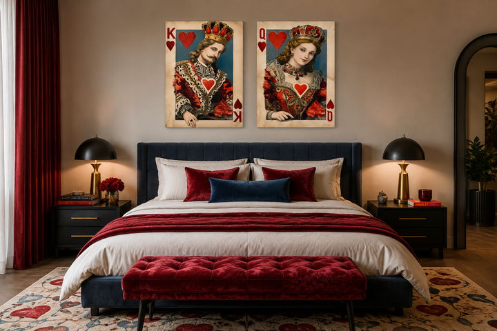 Set of 2 King and Queen of Hearts framed canvas wall art hanging above a bed in a bedroom.