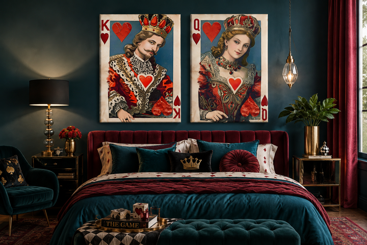 Set of 2 King and Queen of Hearts framed canvas wall art hanging above a bed in a themed bedroom.