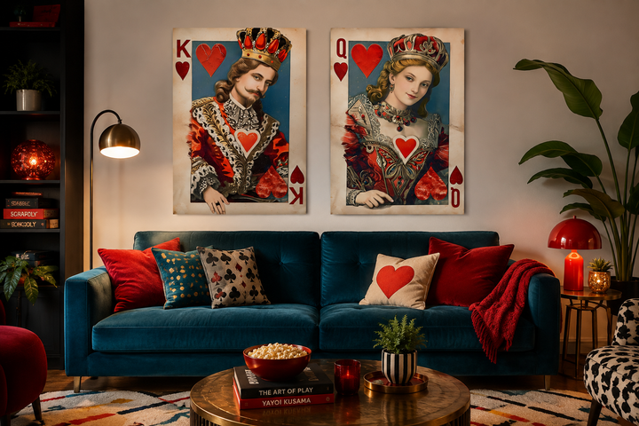 Set of 2 King and Queen of Hearts framed canvas wall art hanging above a blue sofa in a game room.
