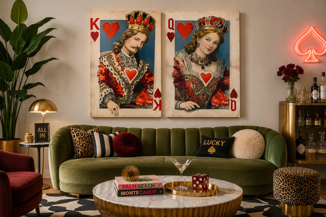 Set of 2 King and Queen of Hearts framed canvas wall art in a modern game room setting.