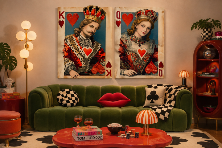 Set of 2 King and Queen of Hearts framed canvas wall art in a modern game room setting.