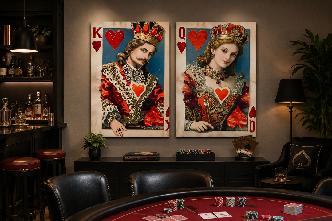 Set of 2 King and Queen of Hearts framed canvas wall art in a sophisticated game room setting.