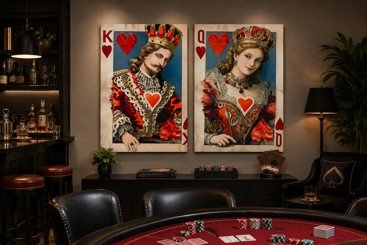 Set of 2 King and Queen of Hearts framed canvas wall art in a sophisticated game room setting.