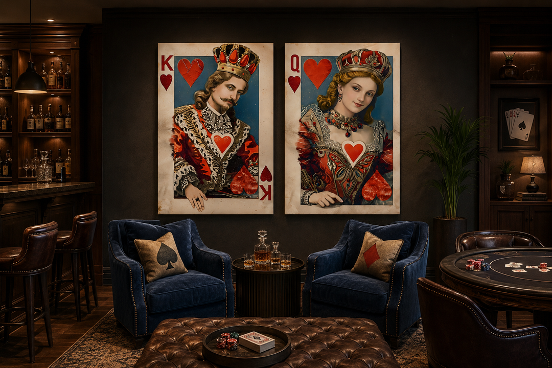 Set of 2 framed canvas prints of the King and Queen of Hearts in a sophisticated game room setting.