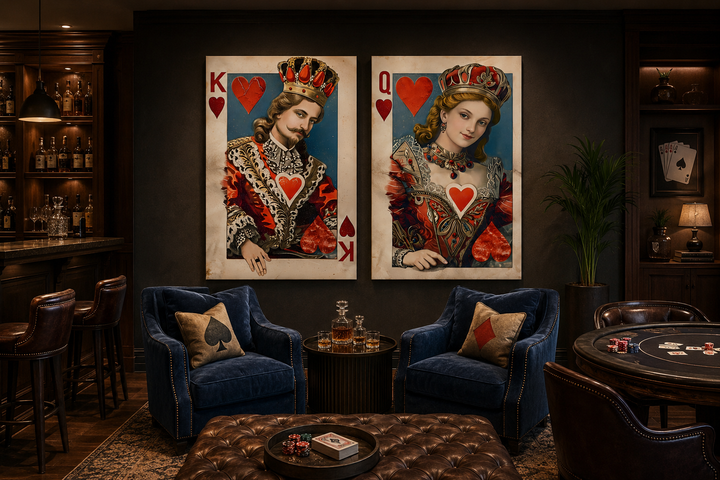 Set of 2 framed canvas prints of the King and Queen of Hearts in a sophisticated game room setting.