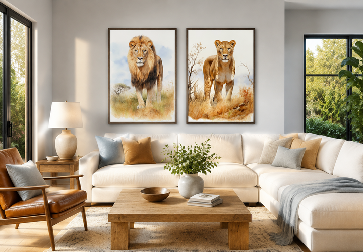 Set of 2 framed watercolor canvas prints featuring a lion and a lioness in a savanna setting.