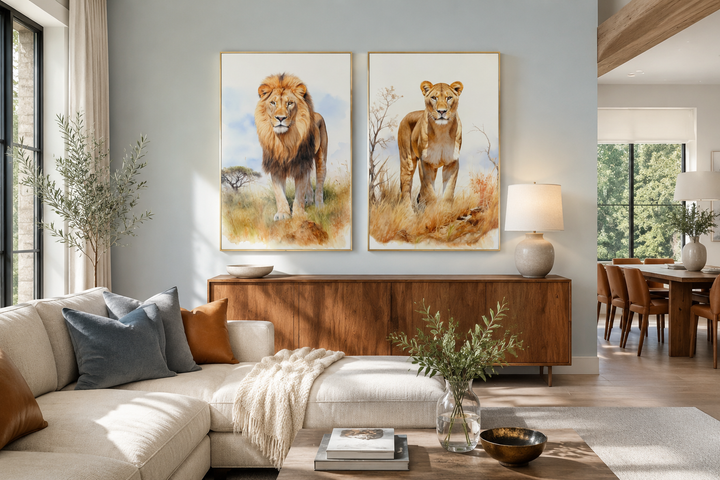 Set of 2 watercolor lion and lioness framed canvas wall art in a modern living room.