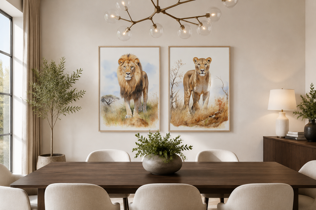 Set of 2 lion and lioness watercolor framed canvas wall art hanging in a modern dining room.