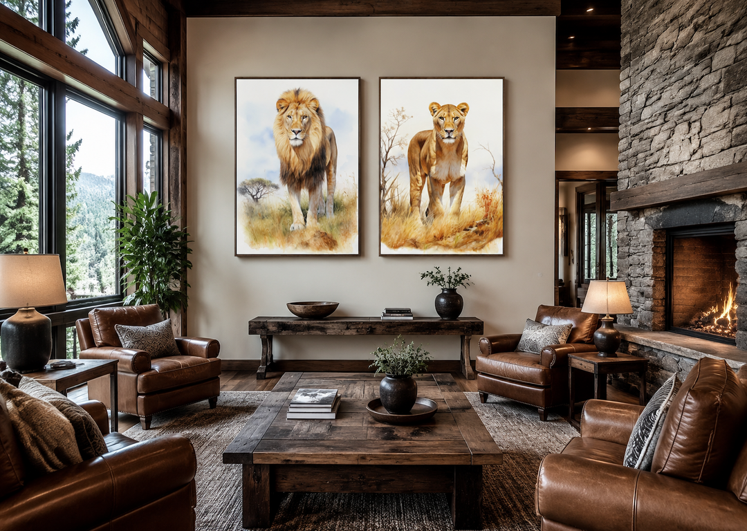 Set of 2 lion and lioness watercolor framed canvas wall art in a rustic living room.