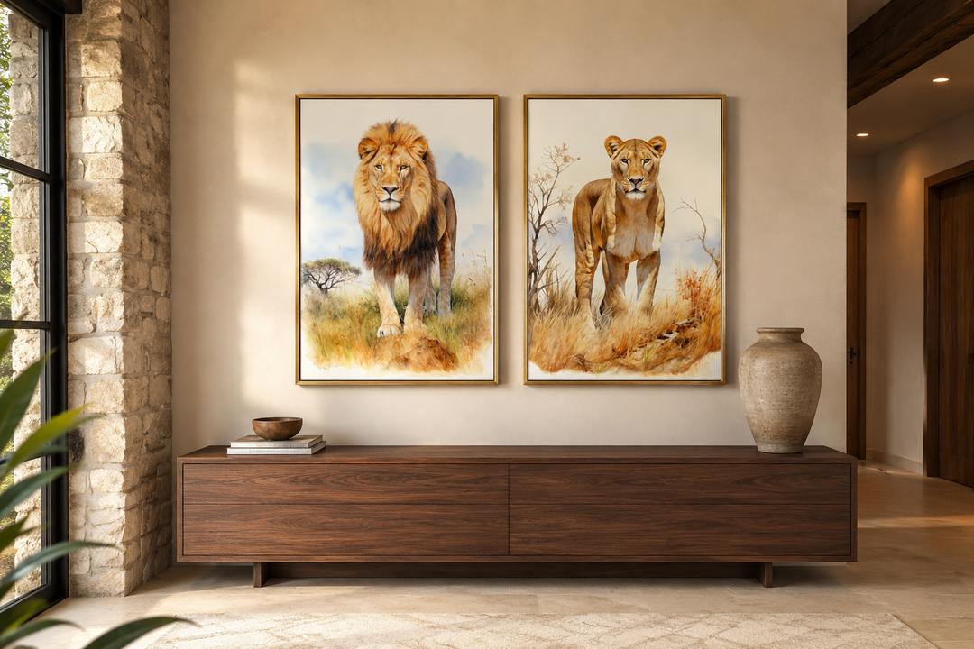 Set of 2 lion and lioness watercolor framed canvas wall art hanging above a wooden console table.