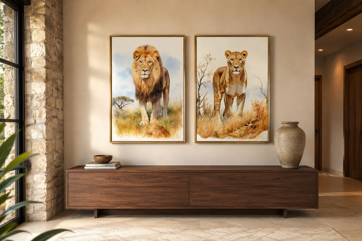 Set of 2 lion and lioness watercolor framed canvas wall art hanging above a wooden console table.
