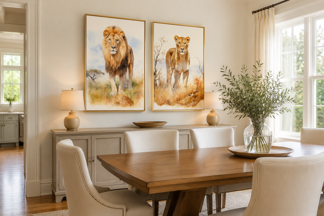 Set of 2 lion and lioness watercolor framed canvas wall art displayed above a dining room sideboard.