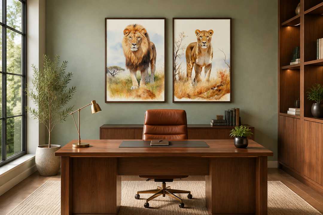 Set of 2 lion and lioness watercolor framed canvas wall art hanging in a modern office.