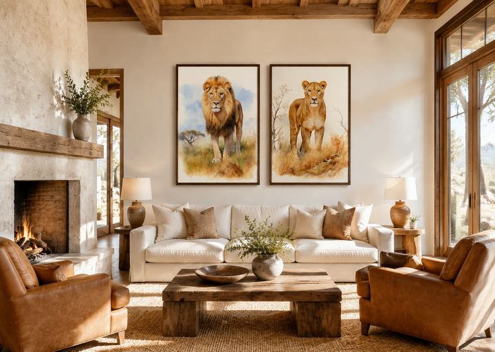 Set of 2 lion and lioness watercolor framed canvas wall art hanging above a sofa in a living room.