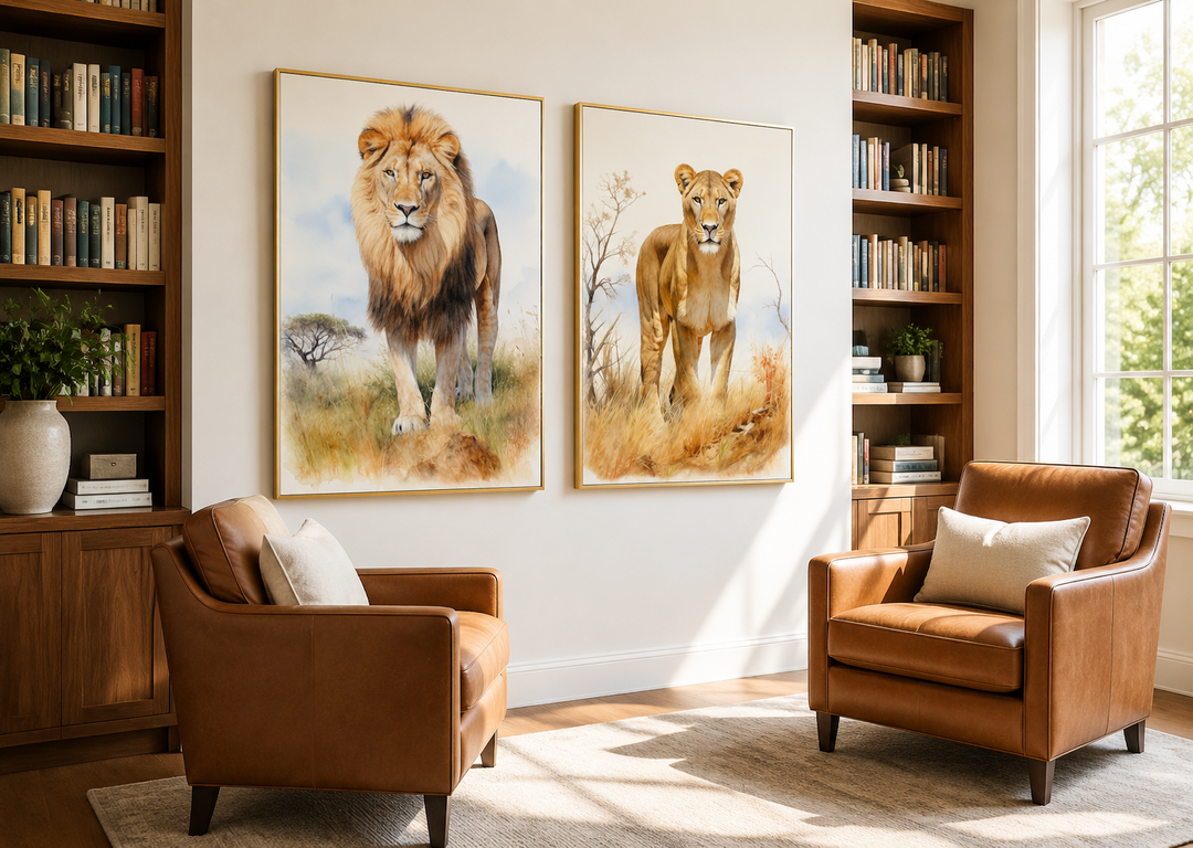 Set of 2 lion and lioness watercolor framed canvas wall art in a living room setting.
