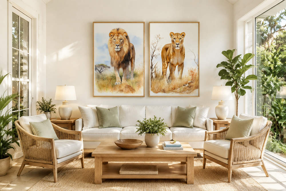 Set of 2 framed watercolor canvas prints featuring a lion and a lioness in a safari setting.