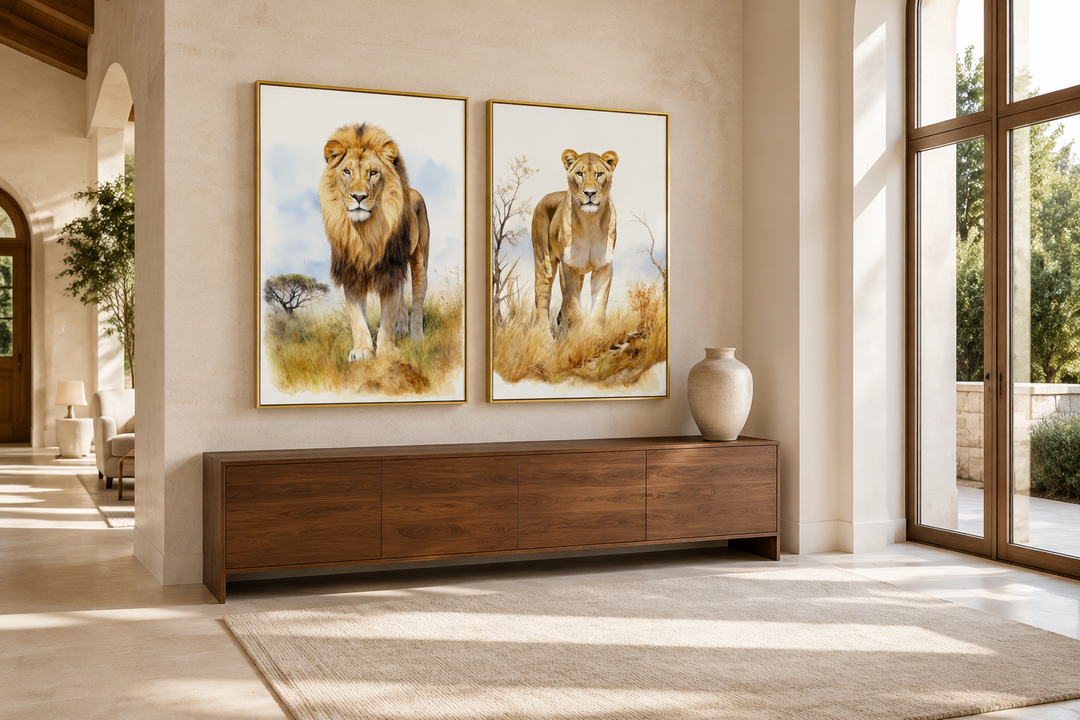 Set of 2 lion and lioness safari watercolor framed canvas wall art above a wooden console.