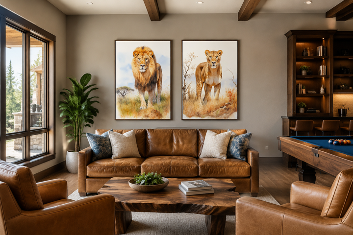 Set of 2 lion and lioness safari watercolor framed canvas wall art in a rustic living room.