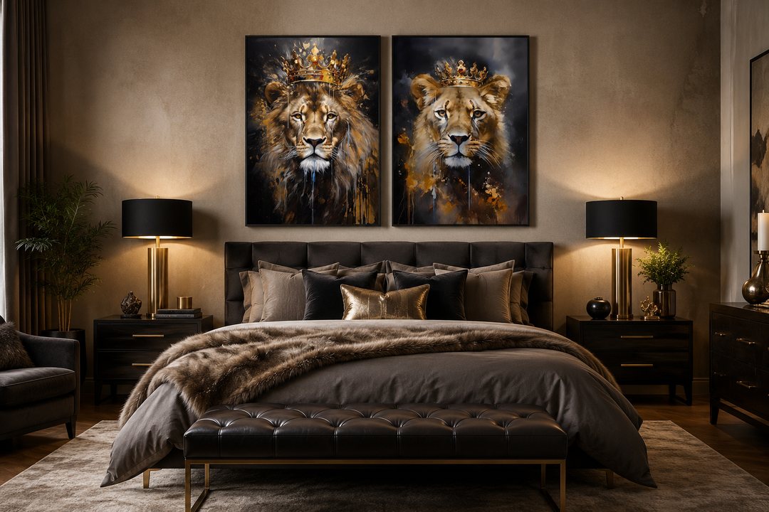 Set of two framed canvas prints featuring a lion and lioness wearing gold crowns over a bed.