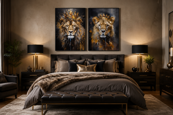 Set of two framed canvas prints featuring a lion and lioness wearing gold crowns over a bed.