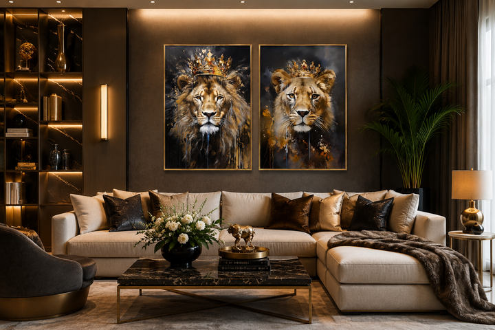 Set of two framed canvas wall art pieces featuring a lion and lioness wearing gold crowns.