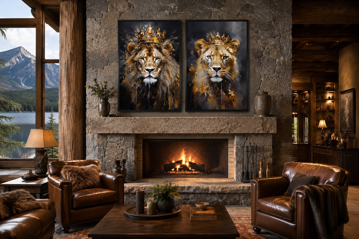 Set of two framed canvas prints featuring a lion and lioness with gold crowns on a black background.
