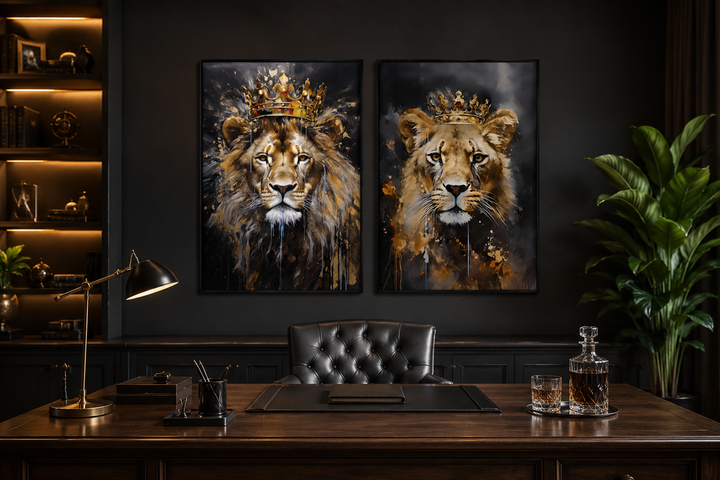 Lion and lioness with crowns black gold framed canvas wall art set in a dark office setting.
