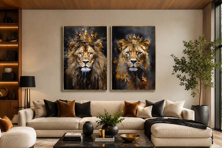Set of two framed canvas prints featuring a lion and lioness with gold crowns in a modern living room