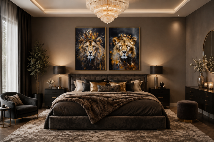 Set of two framed canvas prints featuring a lion and lioness with gold crowns above a bed.