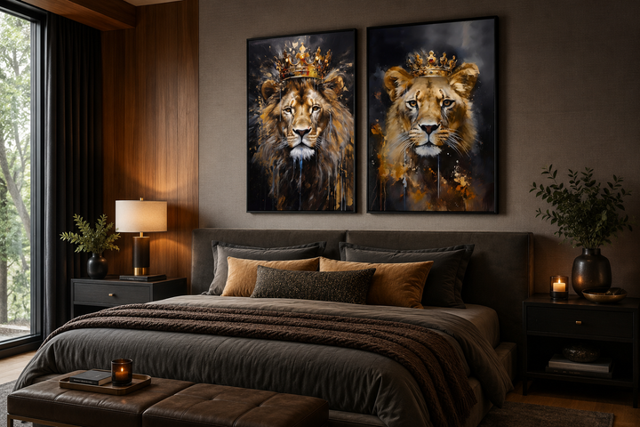 Set of two framed canvas prints featuring a lion and lioness wearing gold crowns above a bed.