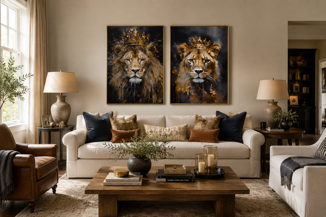 Set of two framed canvas prints featuring a lion and lioness wearing gold crowns on black backgrounds