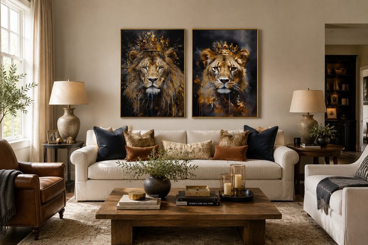 Set of two framed canvas prints featuring a lion and lioness wearing gold crowns on black backgrounds