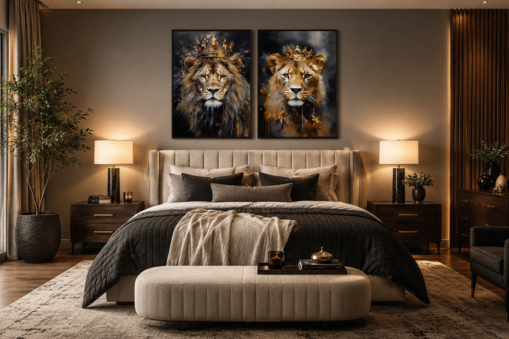 Set of two lion and lioness with crowns black gold framed canvas wall art above a bed.